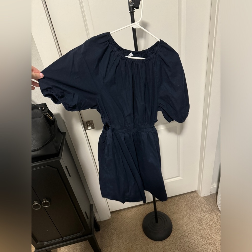 Waist-Defined Puff-Sleeve Cotton-Poplin Side-Cutout Mini Dress